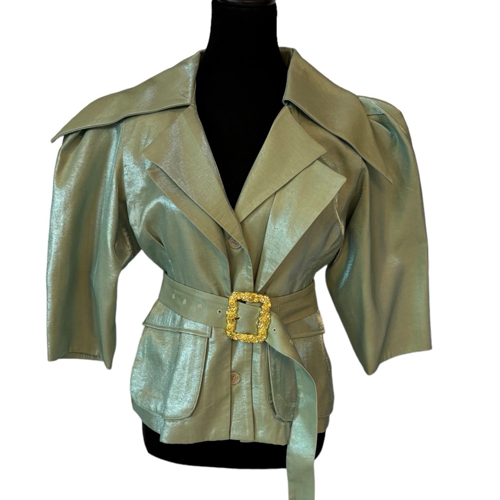 Green Metallic Sheen Belted Jacket - Picture 7 of 15